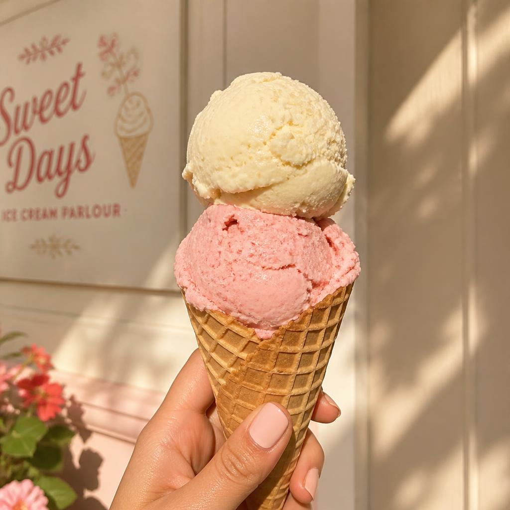 Two-scoop waffle cone held up in the sunshine