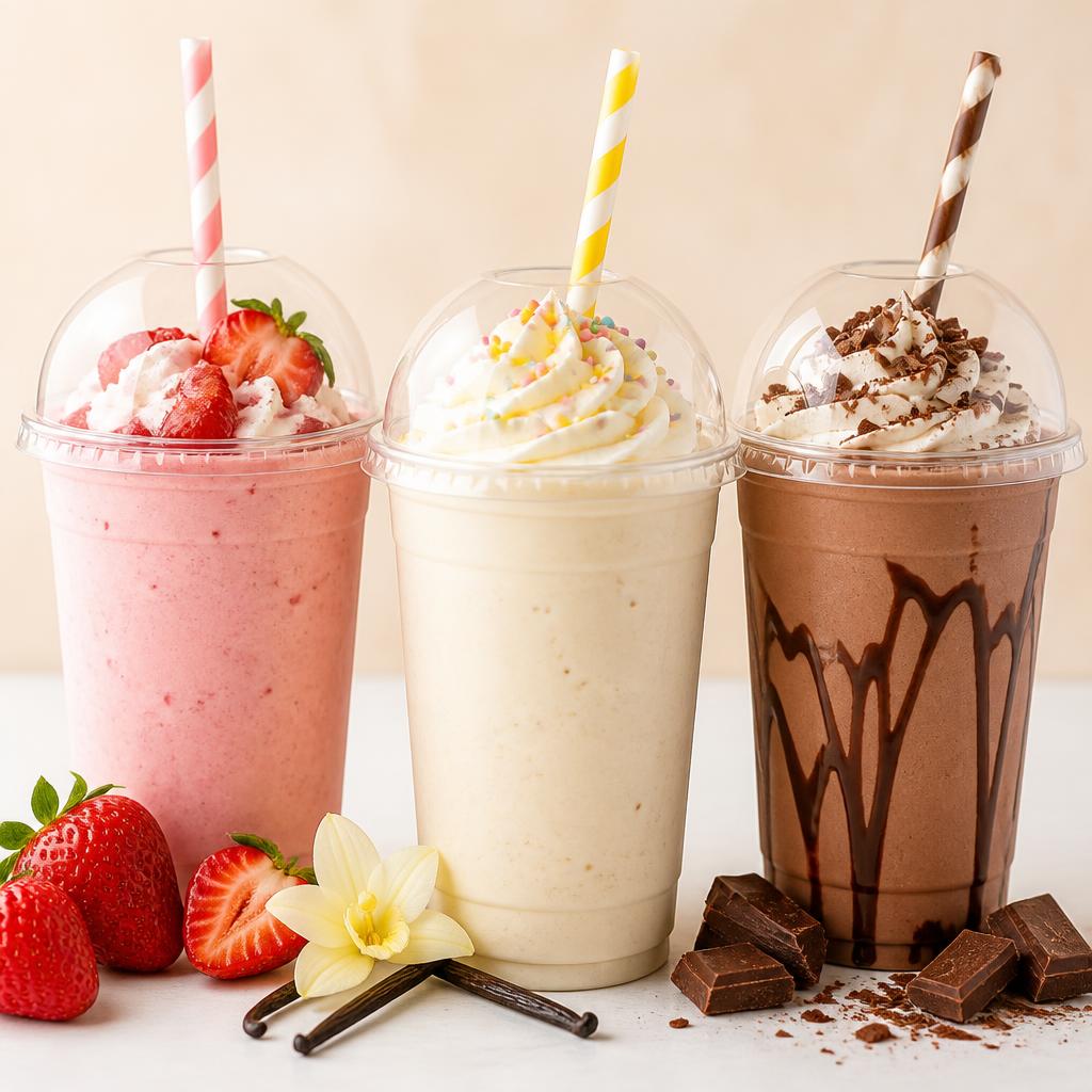 Strawberry, vanilla and chocolate milkshakes