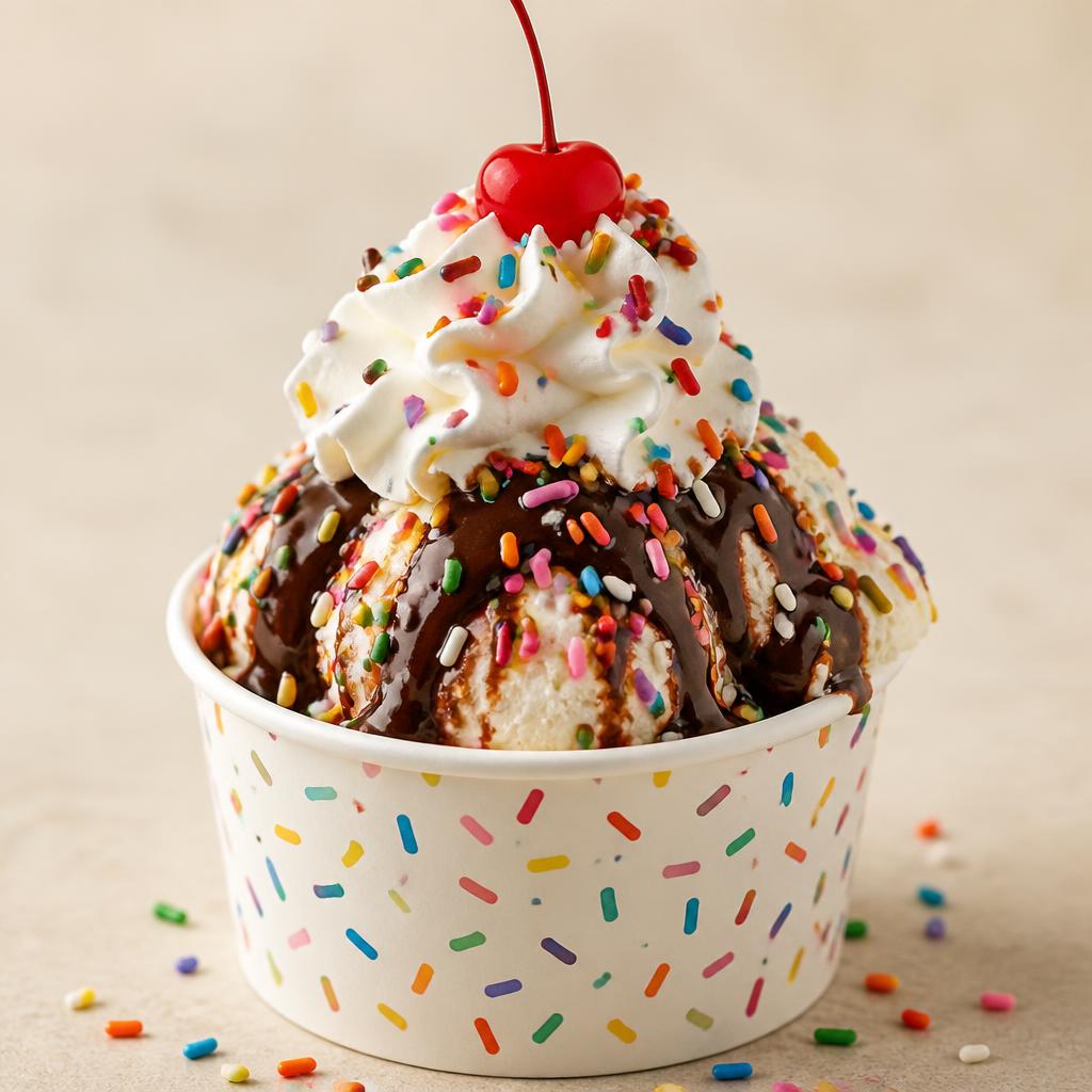 Sundae cup with sprinkles, chocolate sauce and whipped cream
